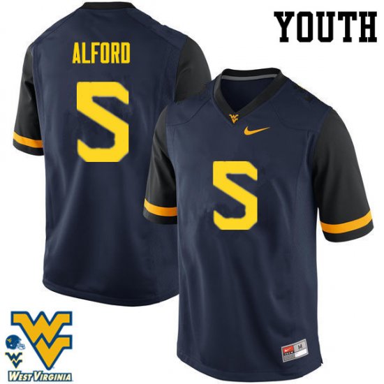 Youth West Virginia Mountaineers NCAA #5 Mario Alford Navy Authentic Nike Stitched College Football Jersey YJ15K87QY